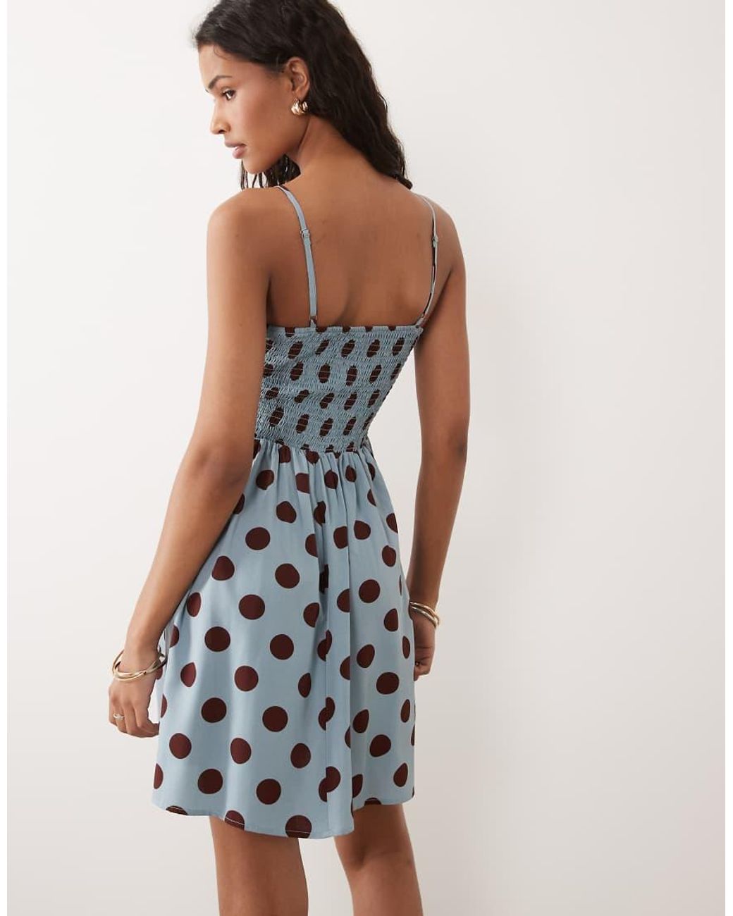 Brave Soul Natural Polka Dot Mini Dress With Shirred Bodice