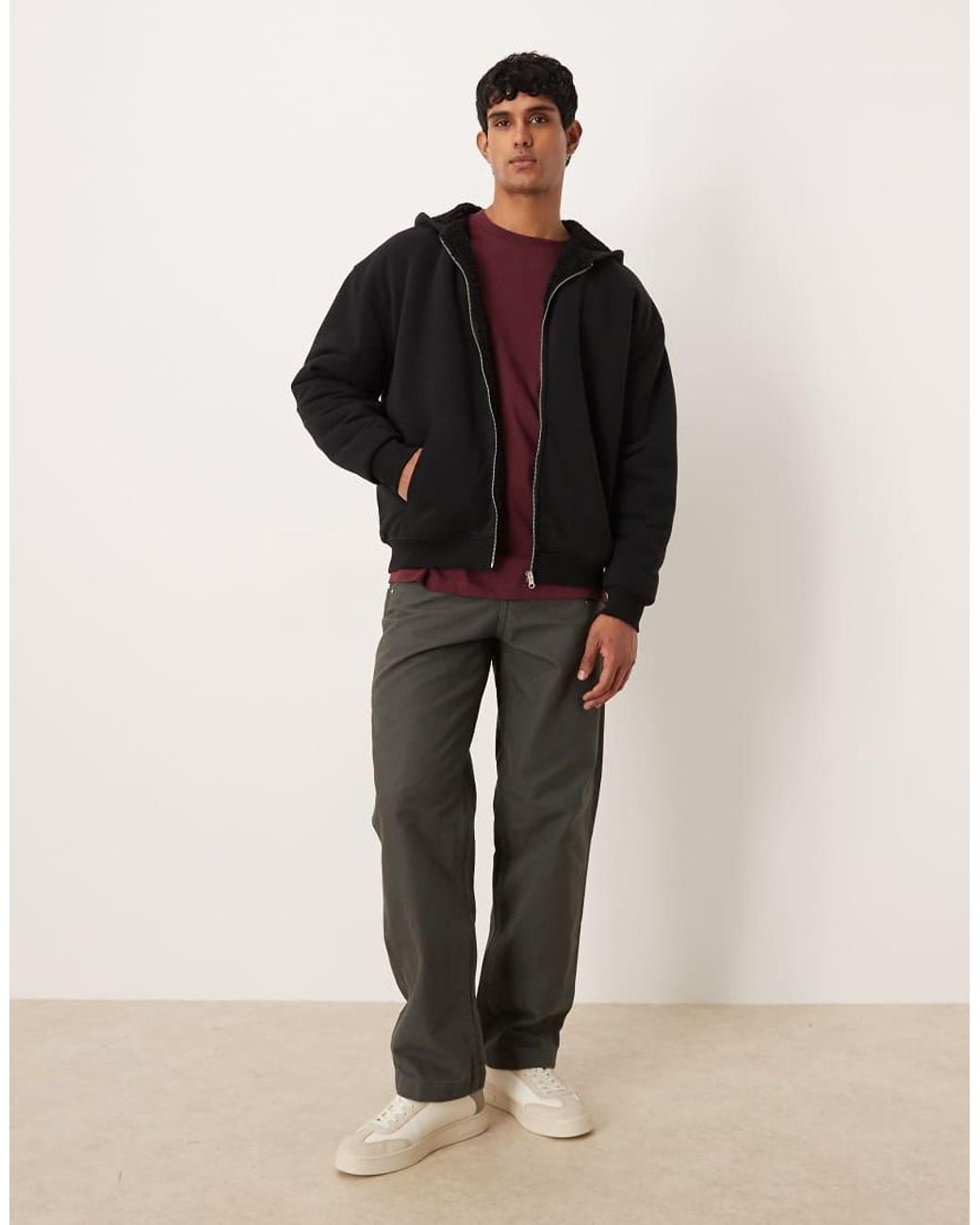 ASOS Black Relaxed Zip Through Hoodie With Borg Lining for men