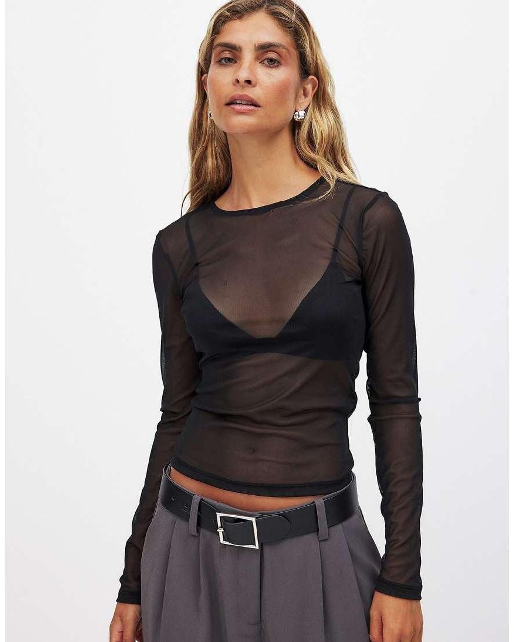 NA-KD Brown Round Neck Fitted Mesh Top