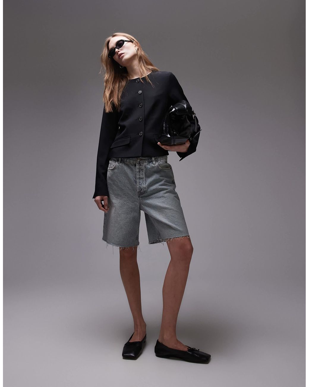 TOPSHOP Gray Round Neck Collarless Blazer
