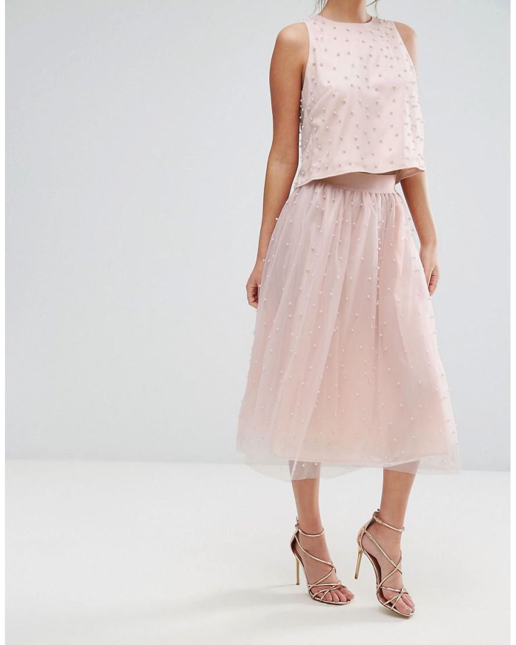 Little Mistress Faux Pearl Embellished Tulle Midi Skirt in Pink | Lyst