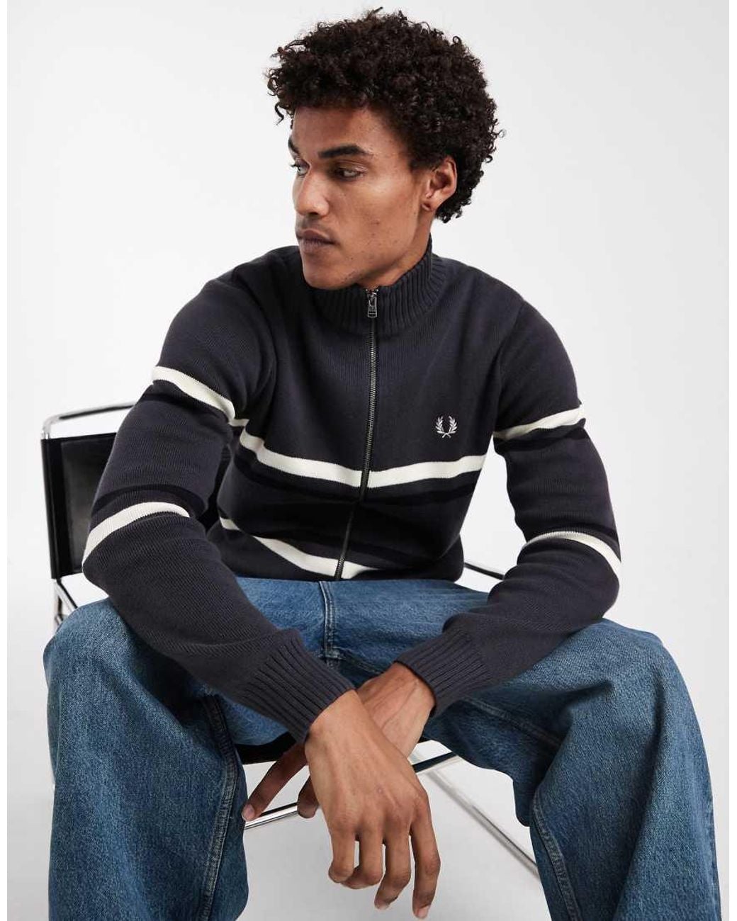 Fred Perry Blue Stripe Logo Graphic Zip Up Cardigan for men