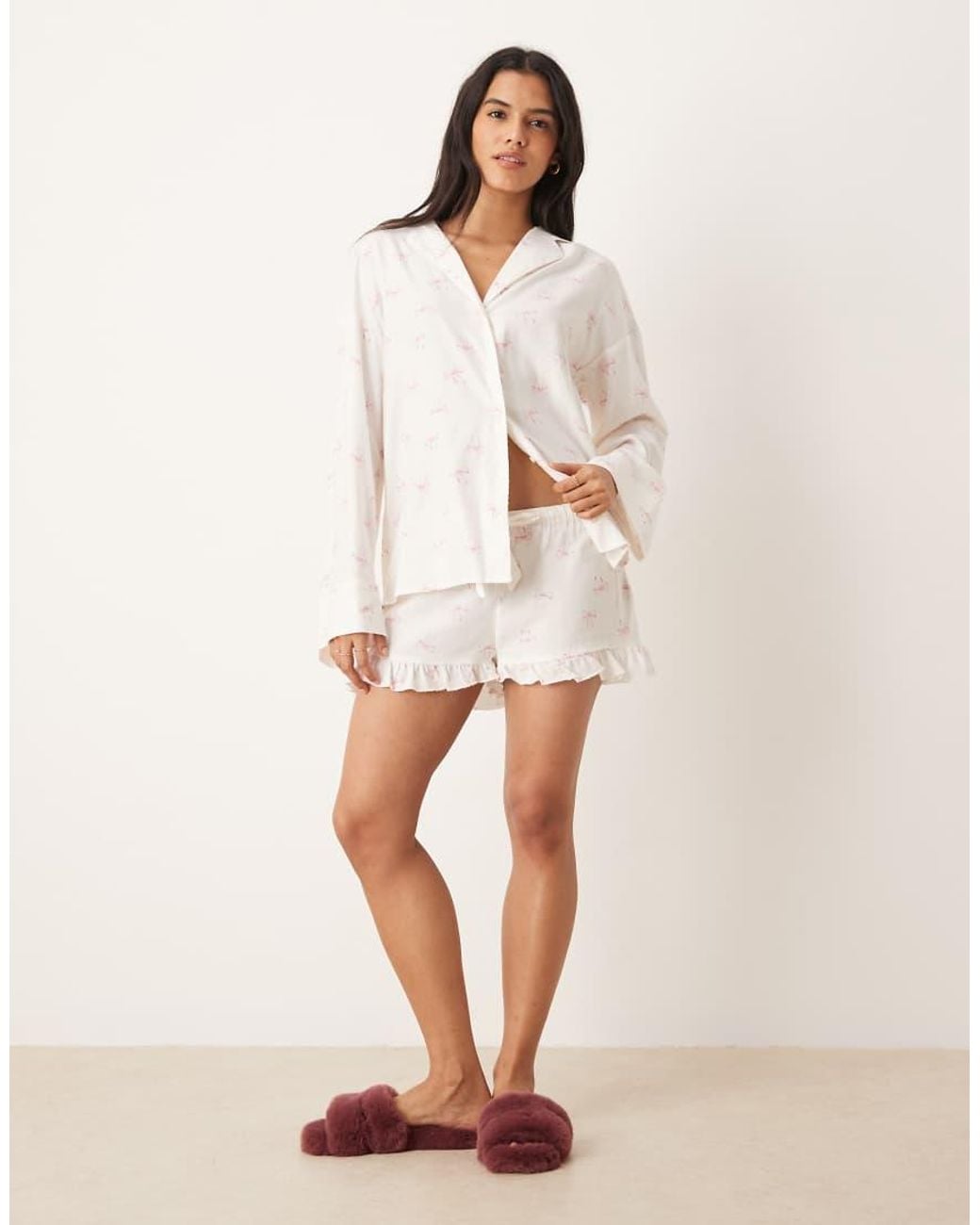 Gina Tricot White Mix And Match Flannel Frill Pyjamas Shorts