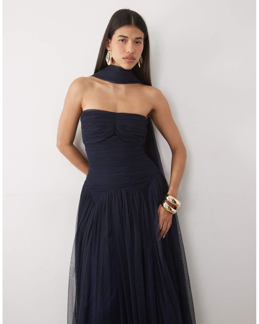 LACE & BEADS Blue Tulle Bandeau Shaped Waistband Scarf Detail Maxi Dress