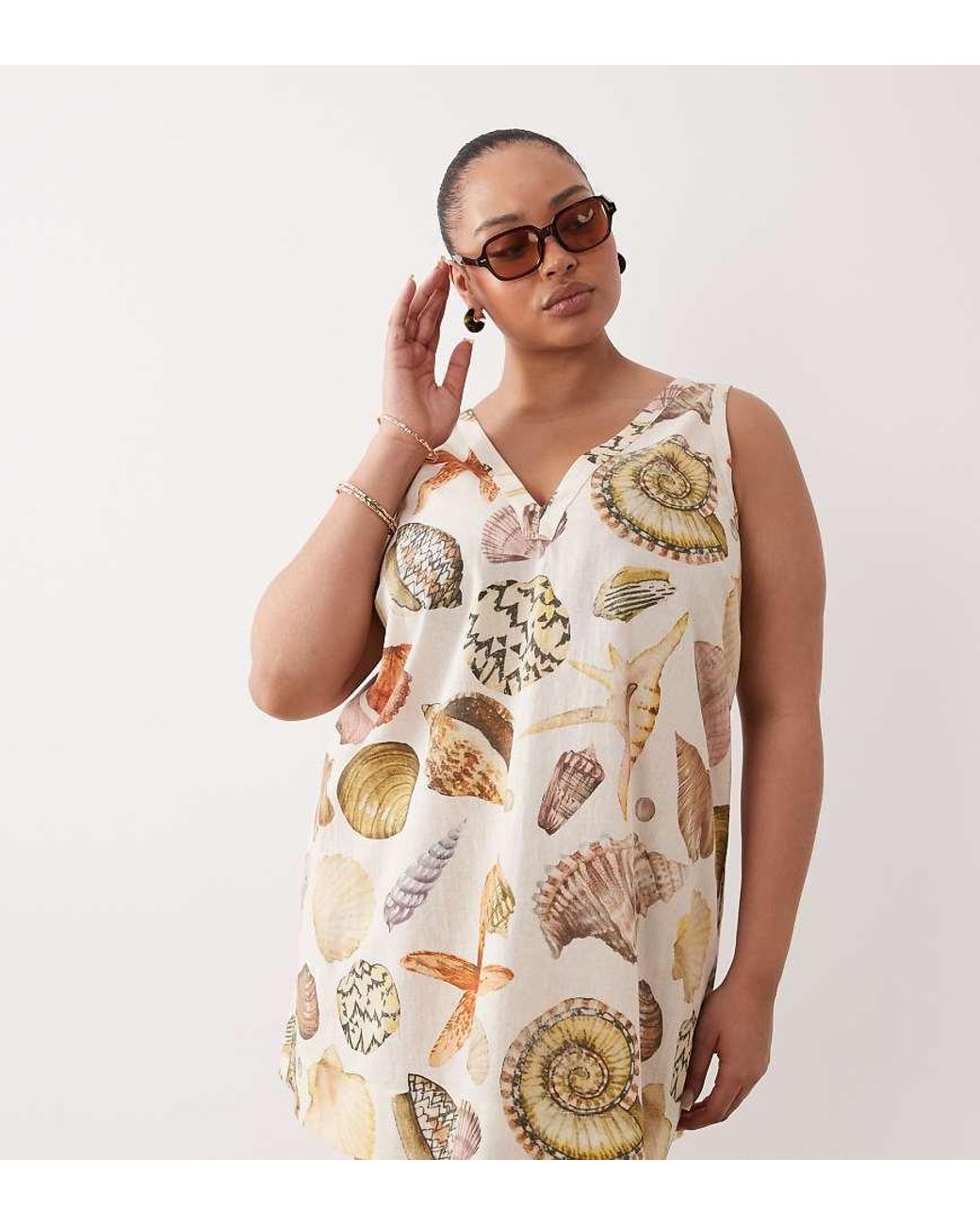 ASOS Brown Asos Design Curve Cotton Linen V Neck Smock Mini Dress