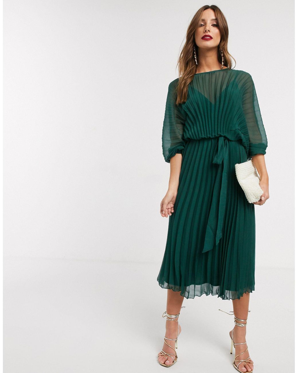 ASOS Blouson Pleated Midi Dress With Self Belt-green | Lyst