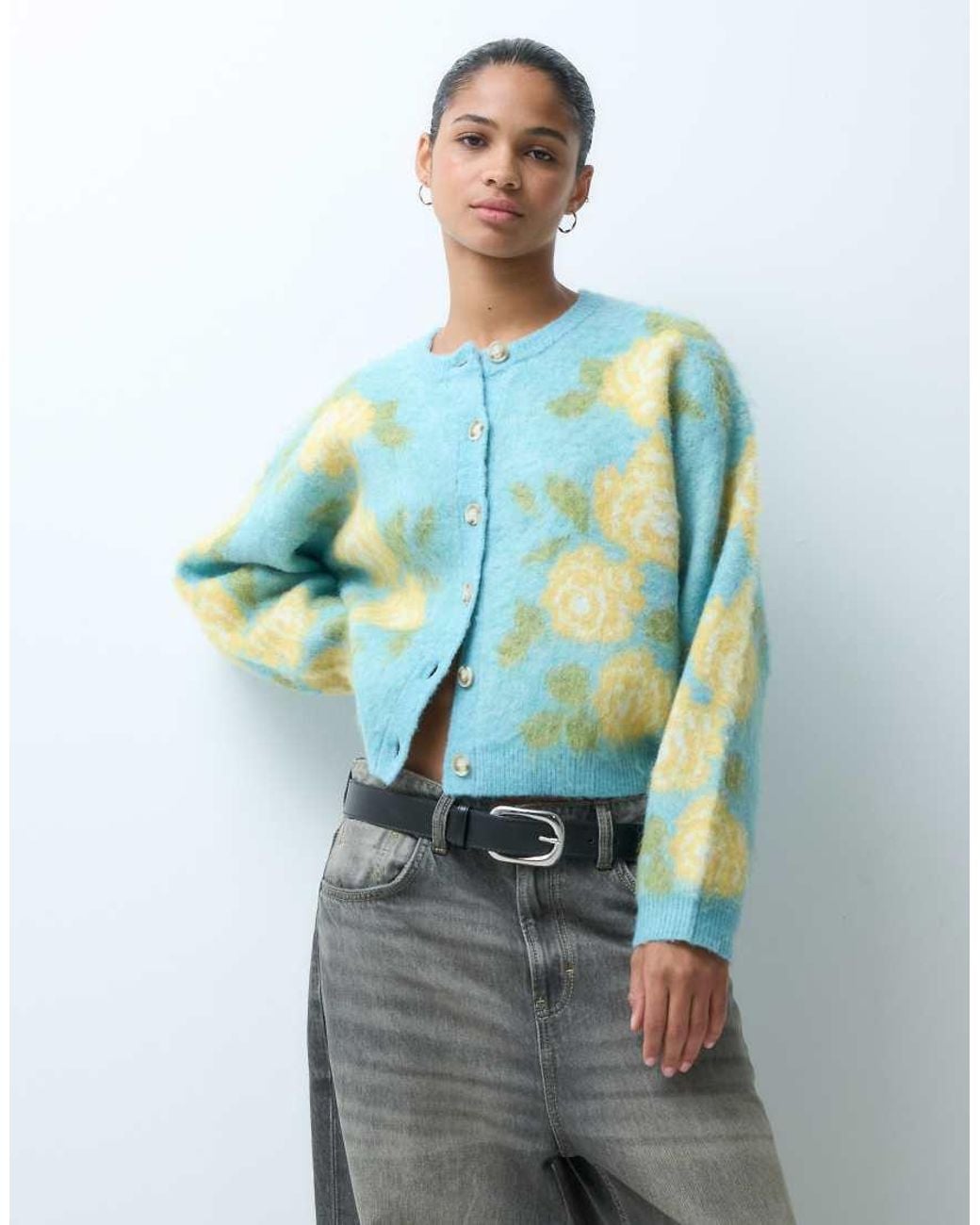 Miss Selfridge Blue Brushed Floral Crew Neck Cardigan