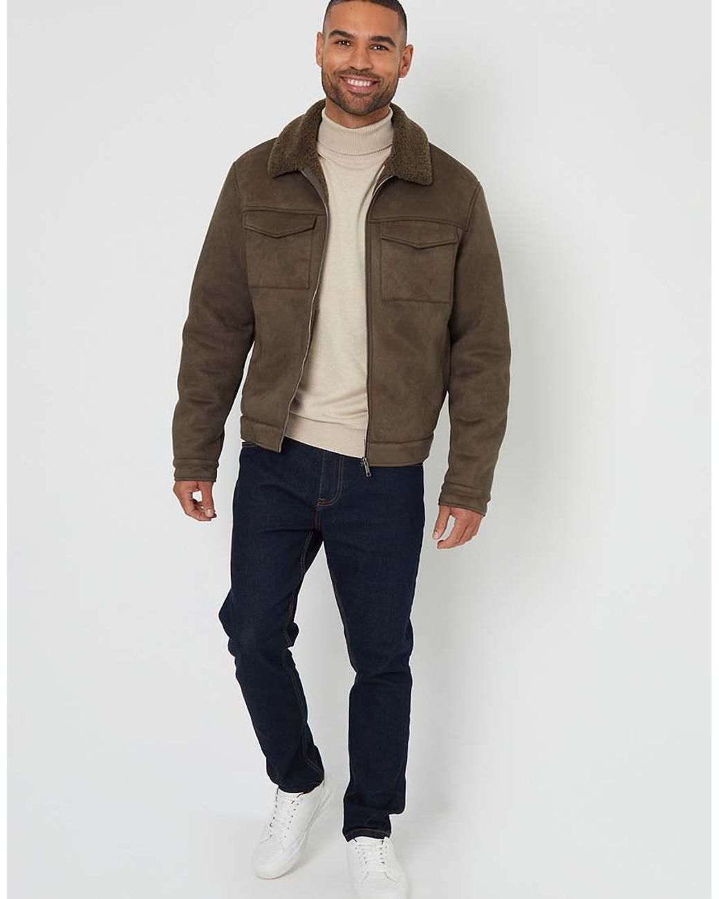 Threadbare Brown Faux Suede Borg Lined Aviator Jacket for men