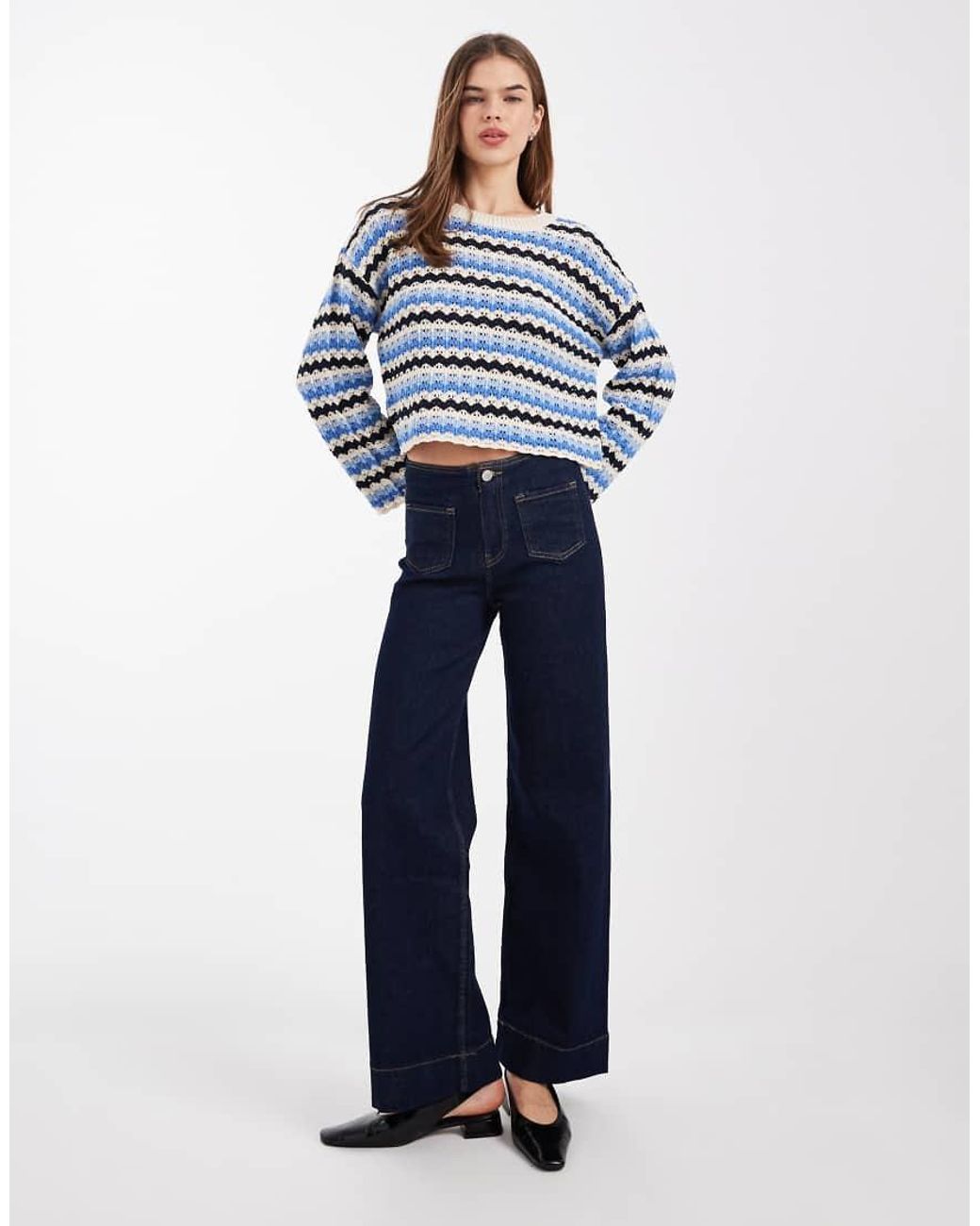 ONLY Blue Long Sleeve Cropped Crochet Top