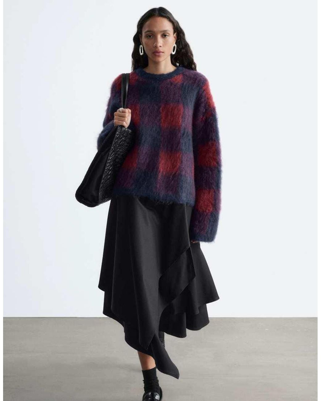 & Other Stories Blue Wool And Mohair Blend Checkerboard Hairy Jumper