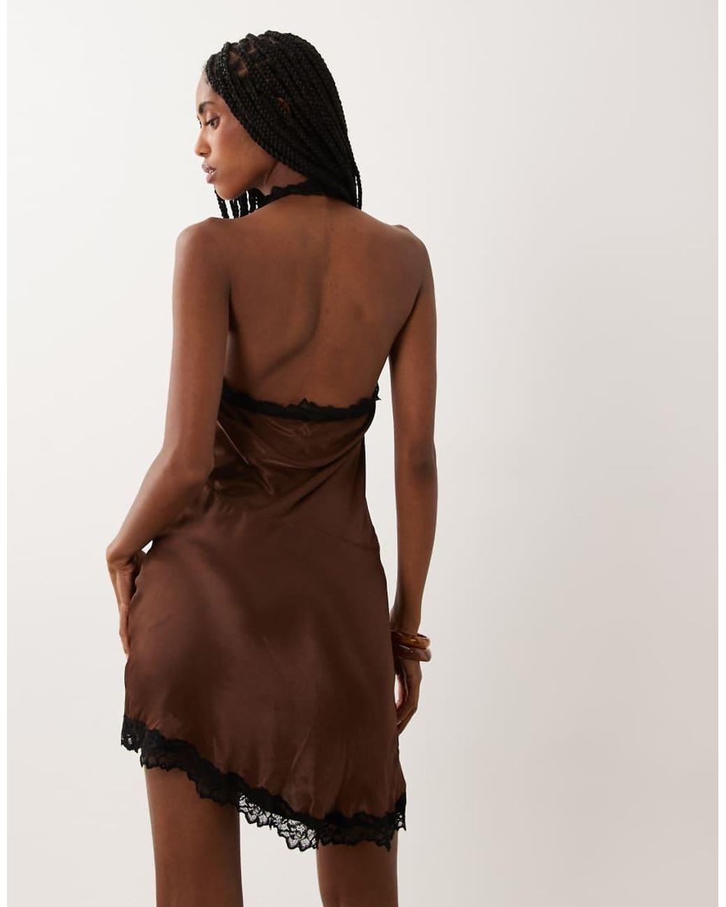 New Look Brown Lace Trim Asymmetric Hem Mini Dress