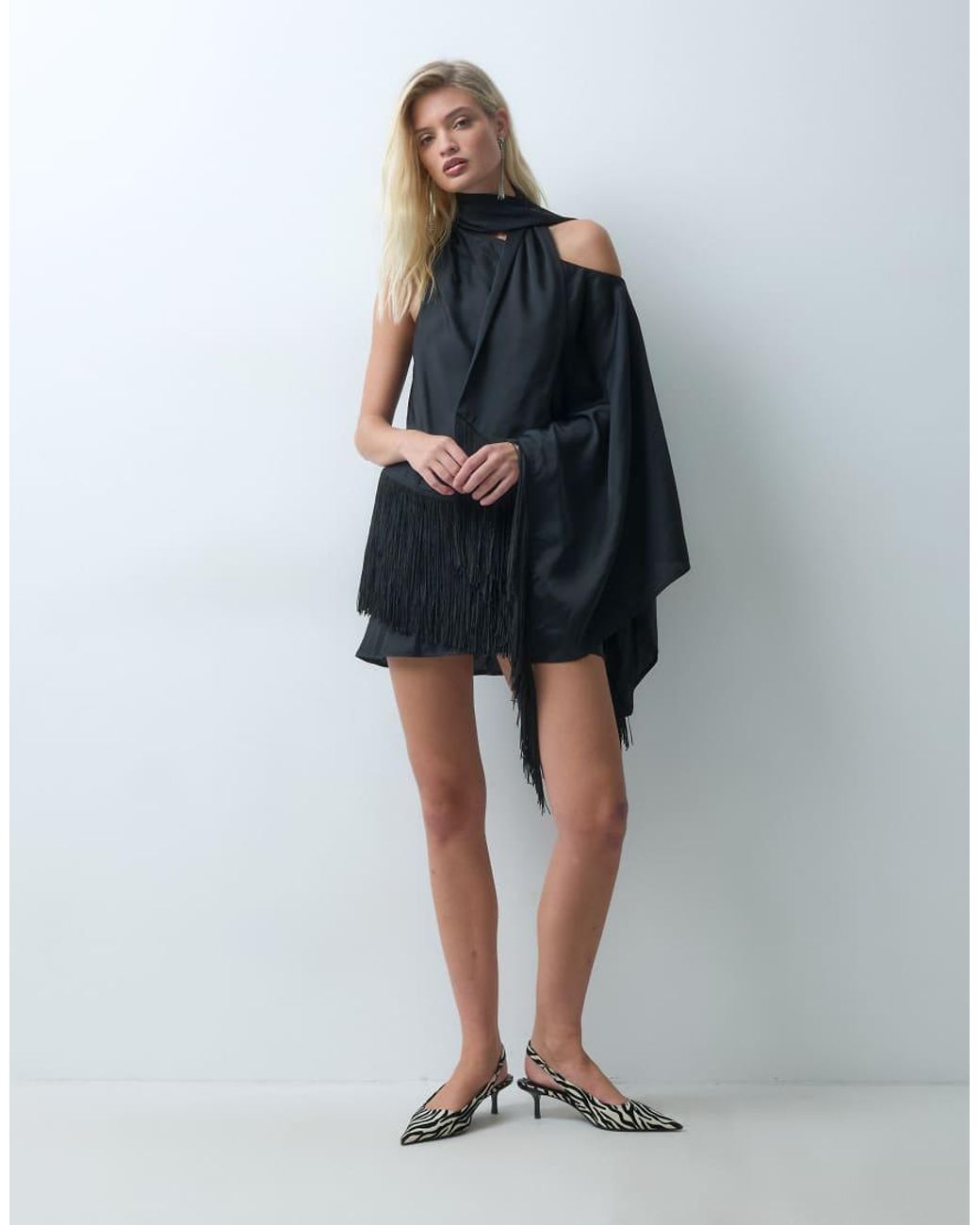ASOS Blue Off Shoulder Fringe Satin Mini Dress With Scarf