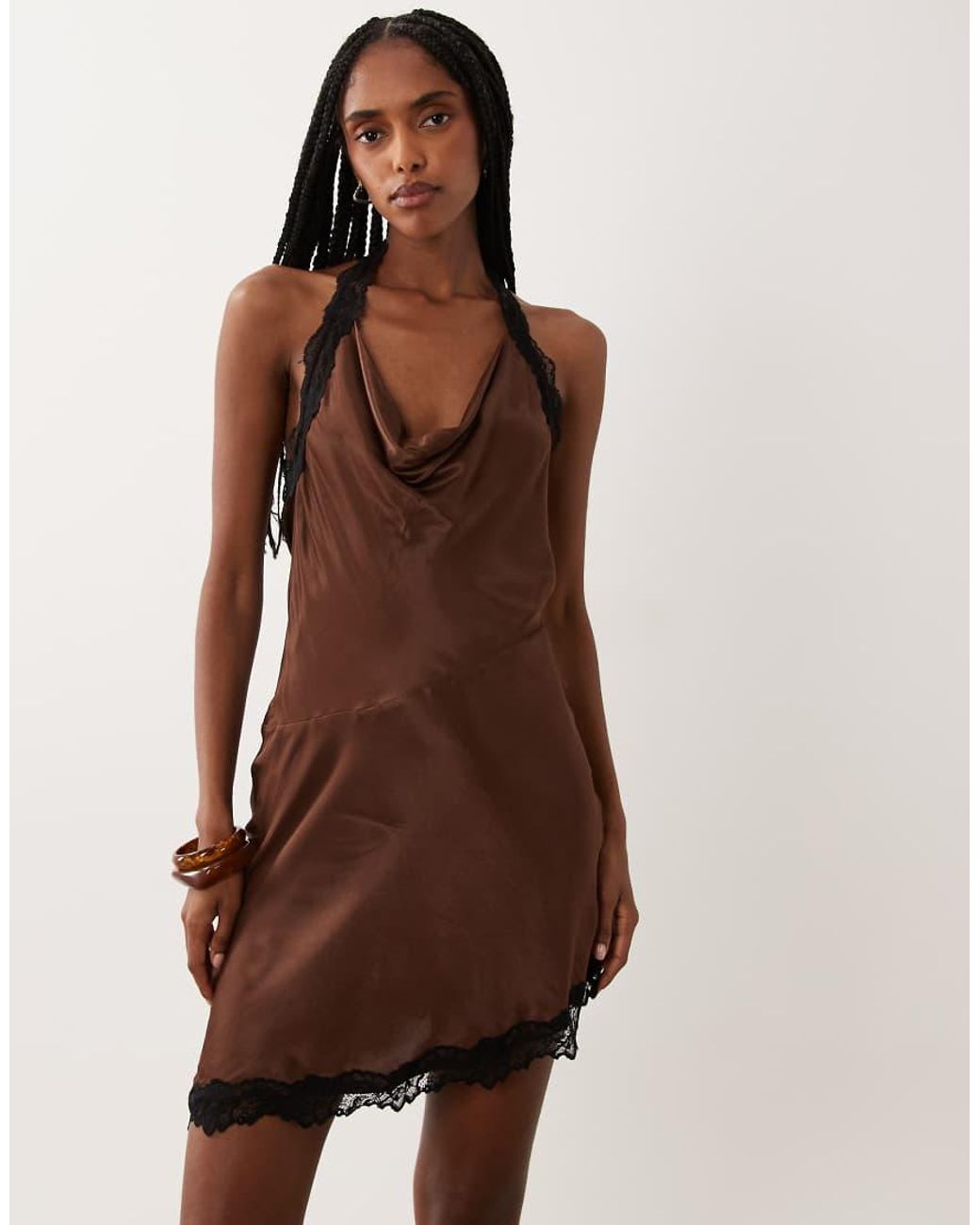 New Look Brown Lace Trim Asymmetric Hem Mini Dress