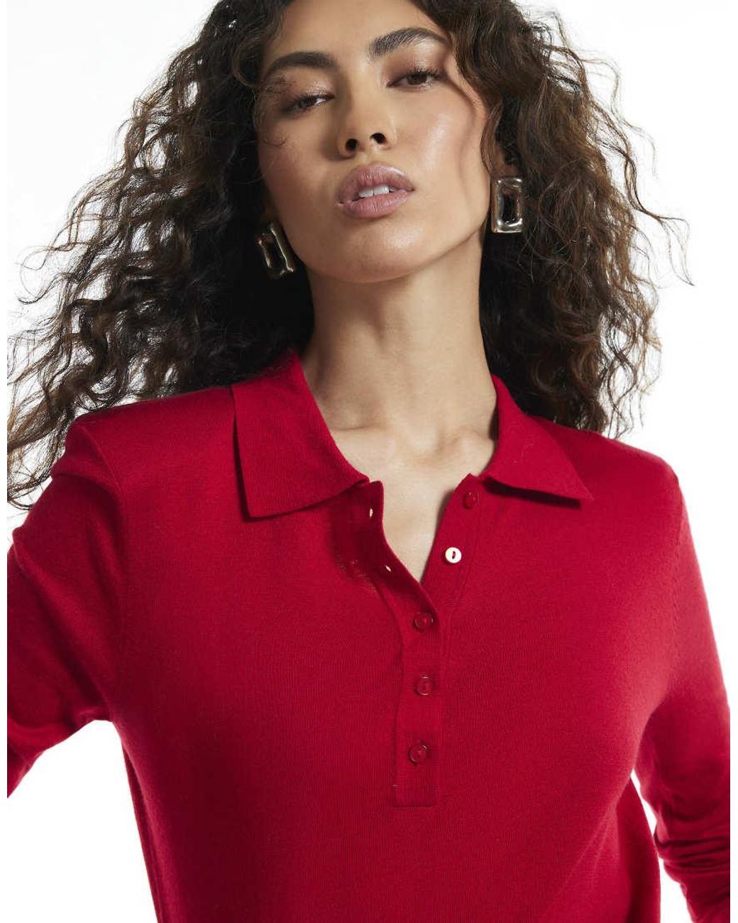 River Island Red Knit Shoulder Pad Polo Top