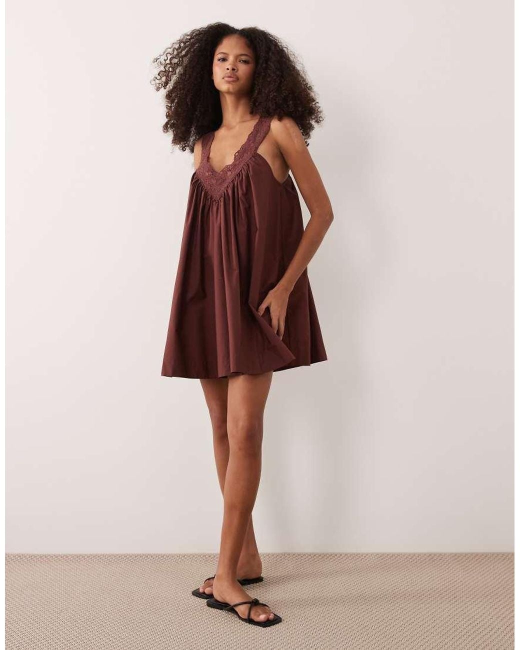 ASOS Brown V-neck Poplin Mini Smock Sundress With Lace Overlay