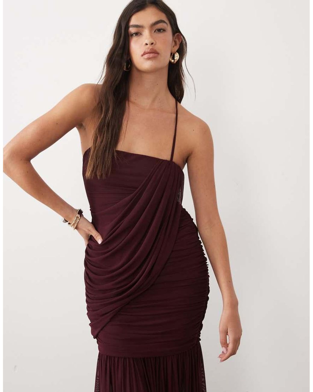 ASOS Brown Mesh Sleeveless Asymmetric Drape Maxi Dress
