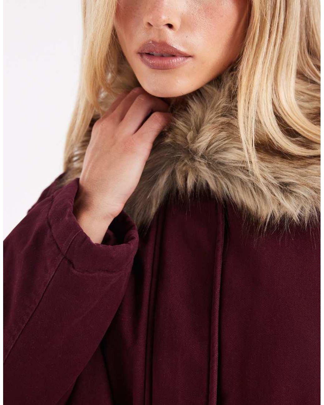 Miss Selfridge Red Faux Fur Collar Parka