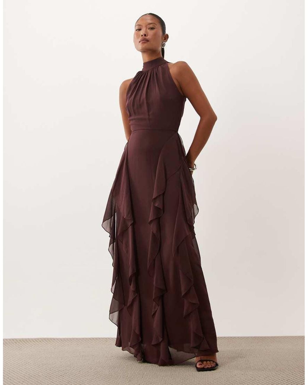 LACE & BEADS Brown High Neck Backless Ruffle Maxi Dress