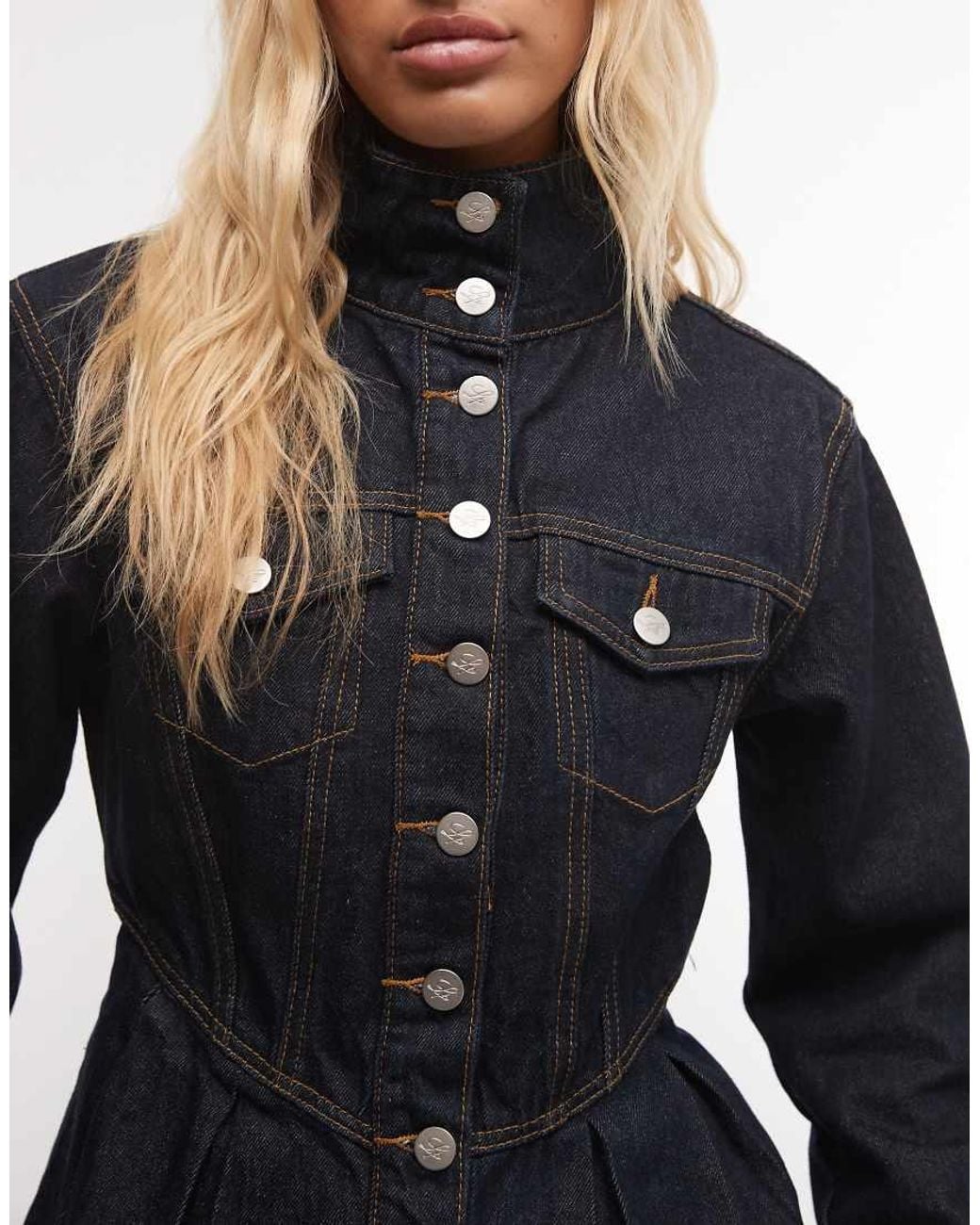 Liquor N Poker Blue Tailored Peplum Hem Denim Jacket With Oversized Studs Co-ord