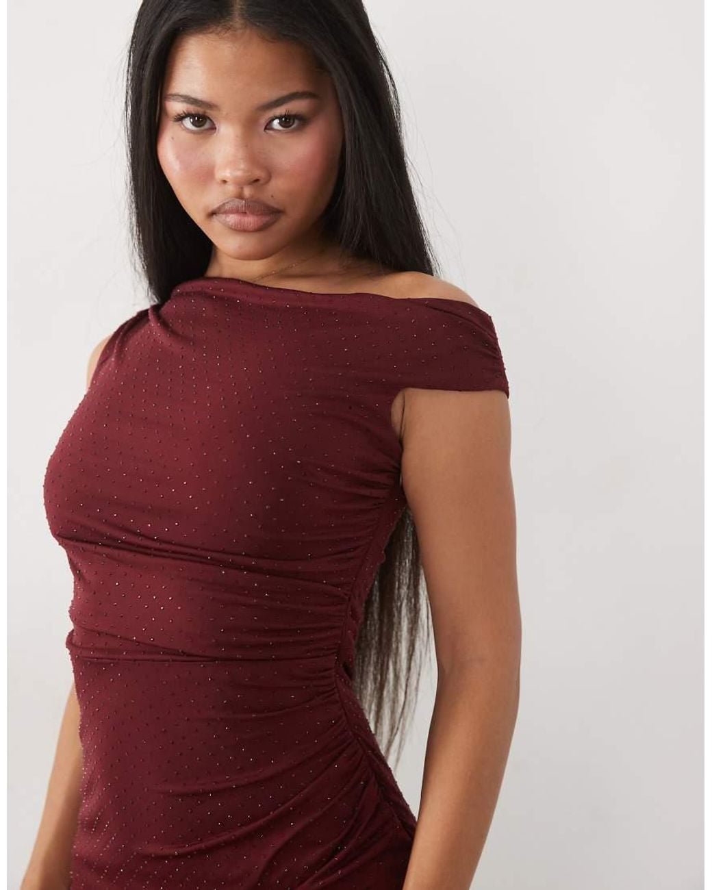 TFNC London Red Hotfix Fallen Shoulder Thigh High Split Maxi Dress