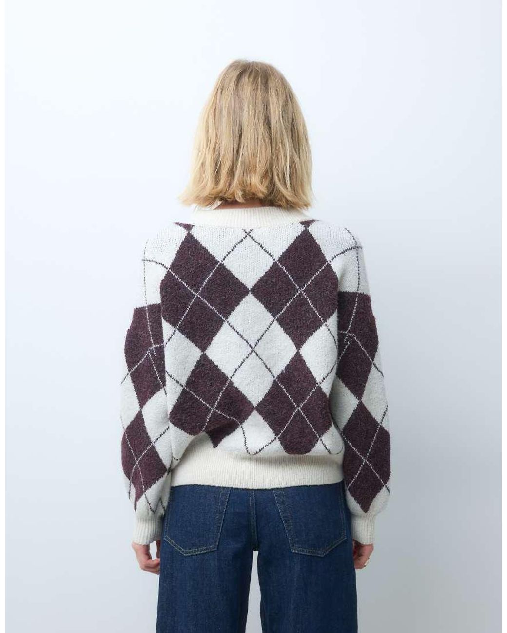 Vero Moda Gray Oversized Argyle Knitted Jumper
