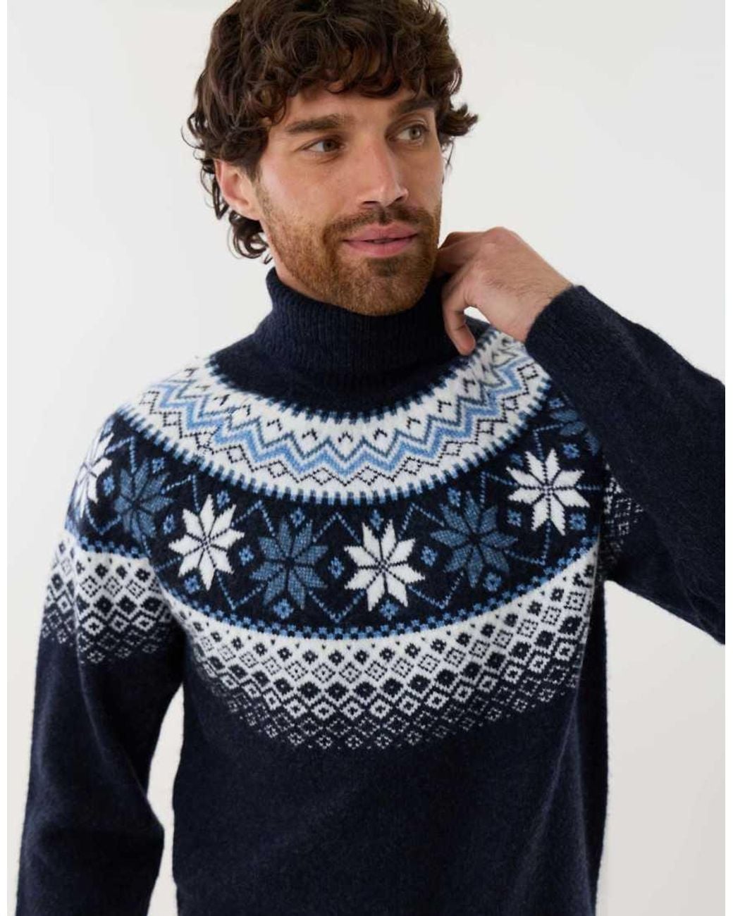 Threadbare Blue Fairisle Roll Neck Christmas Jumper for men