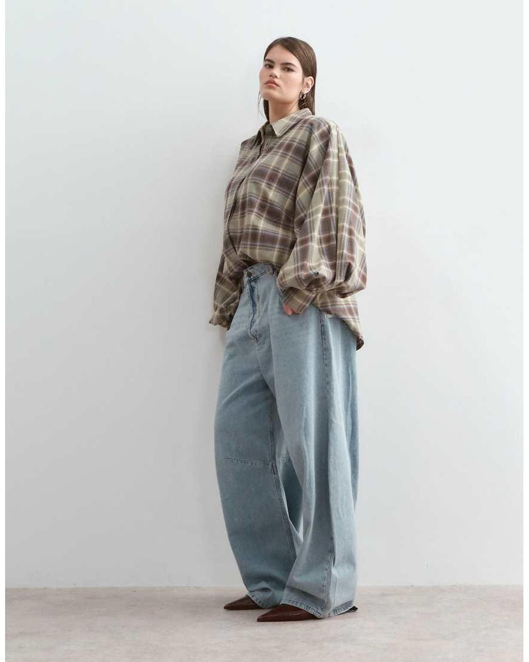 ARRANGE Brown Curve Premium Structured Balloon Sleeve Shirt