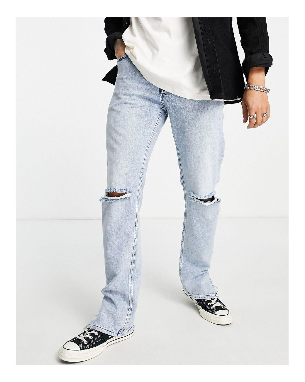 TOPMAN Straight Split Hem Rip Jeans in Blue for Men | Lyst