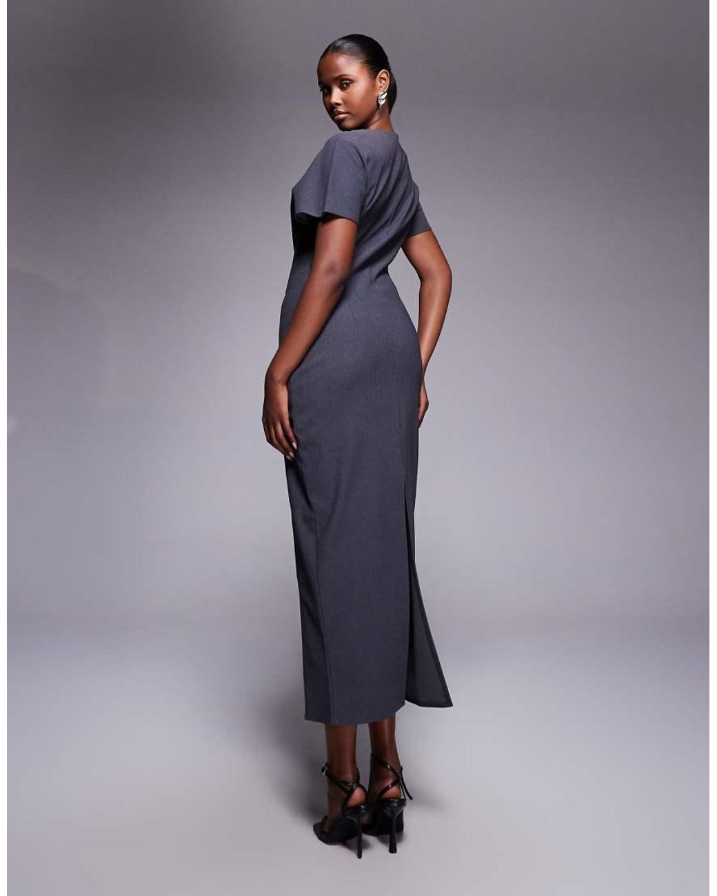 ASOS Midi Jurk Met Structuur, Korte Mouwen En V-Hals in het Blue