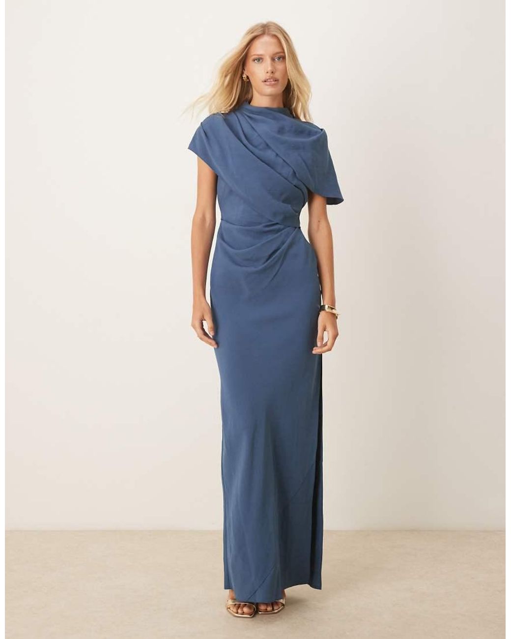 ASOS Blue High Neck Drape Bodice Cape Maxi Dress