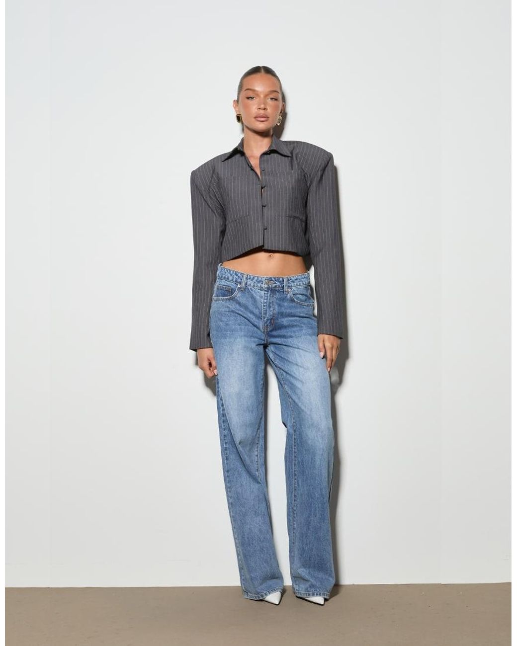 Noughts & Kisses Gray Velora Pinstripe Cropped Shirt