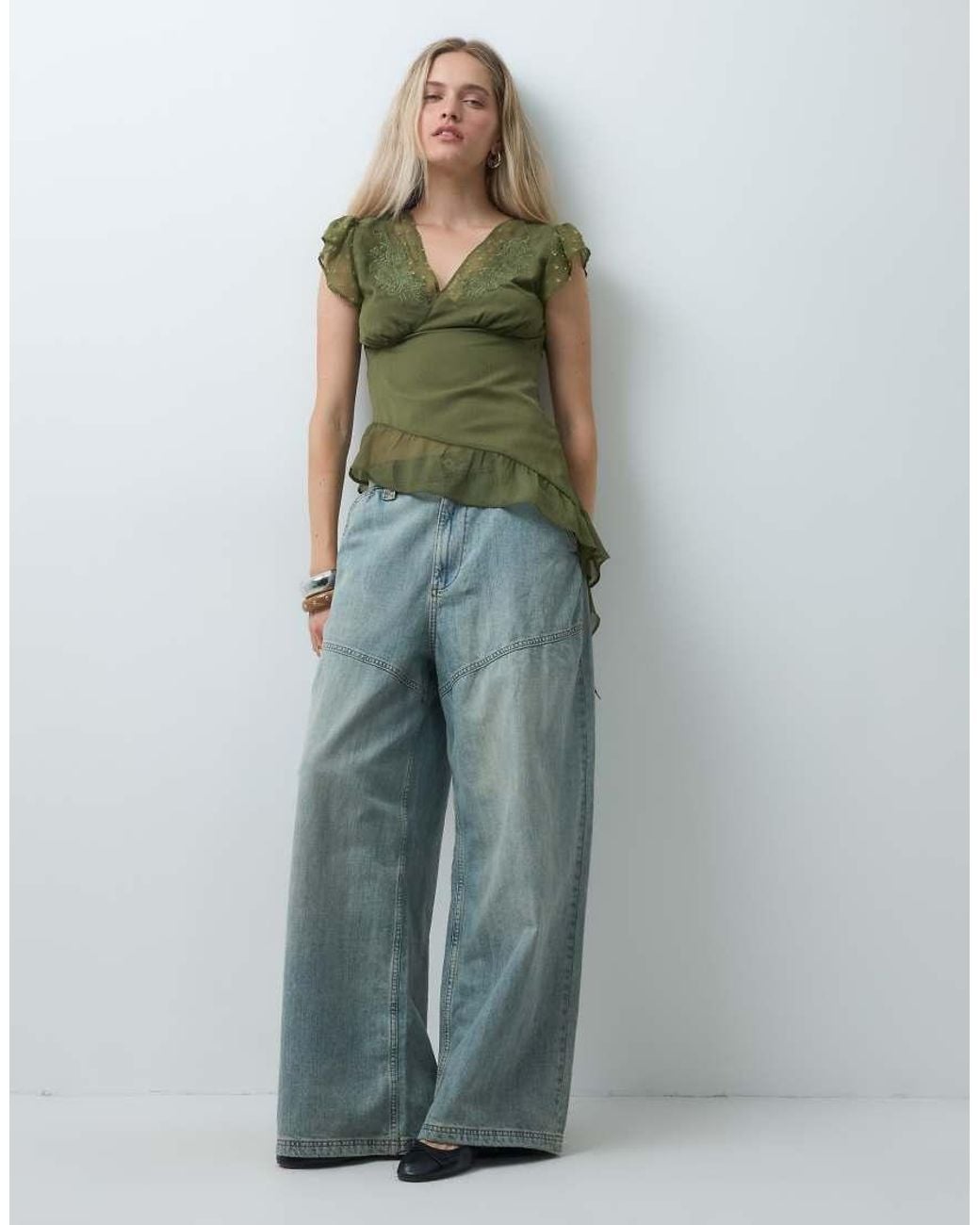 Reclaimed Vintage Green Asym Tea Top With Embroidery