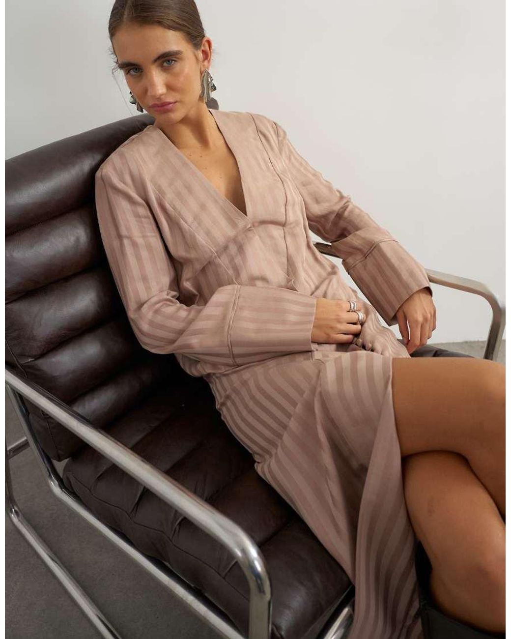 TOPSHOP Natural Viscose Satin Stripe Dropped Waist Long Sleeve Wrap Front Maxi Dress