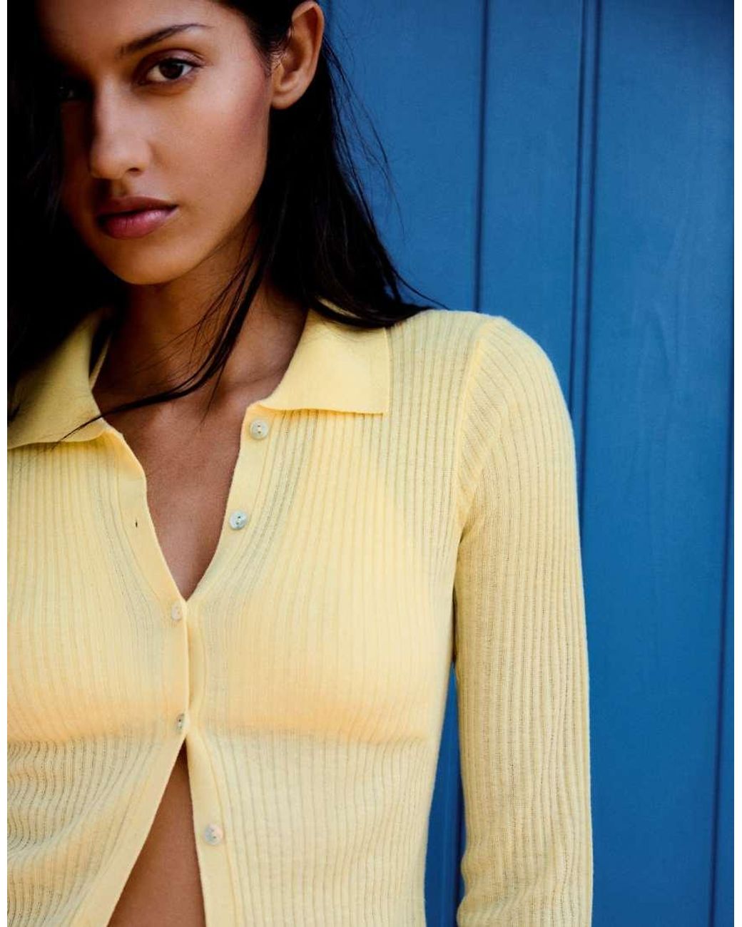 Bershka Blue Fine Knit Polo Collar Cardigan