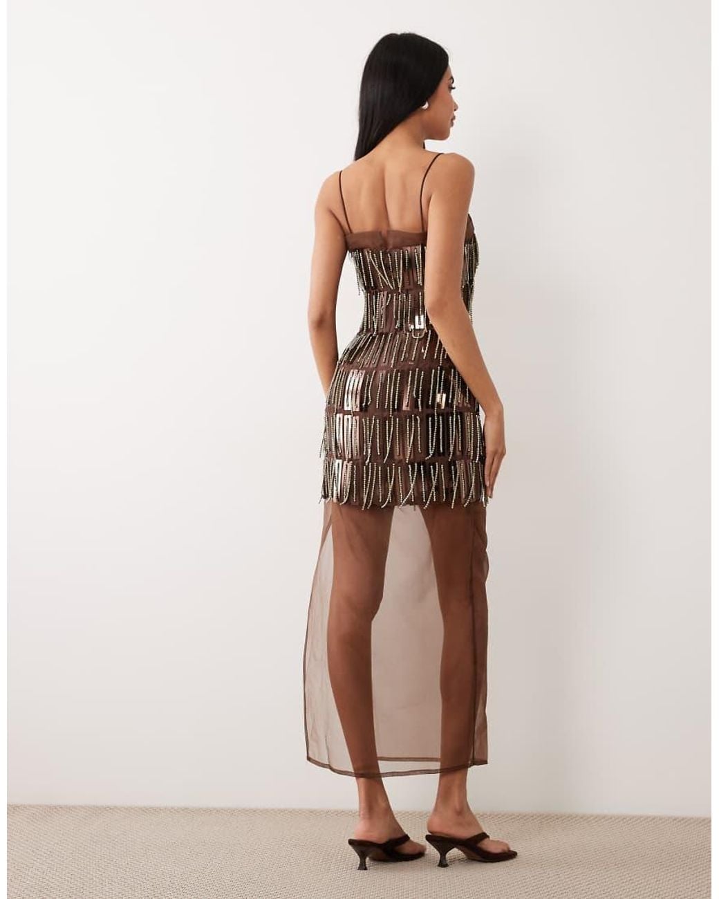 ASOS Brown Cami Embellished Sheer Mix Column Maxi Dress