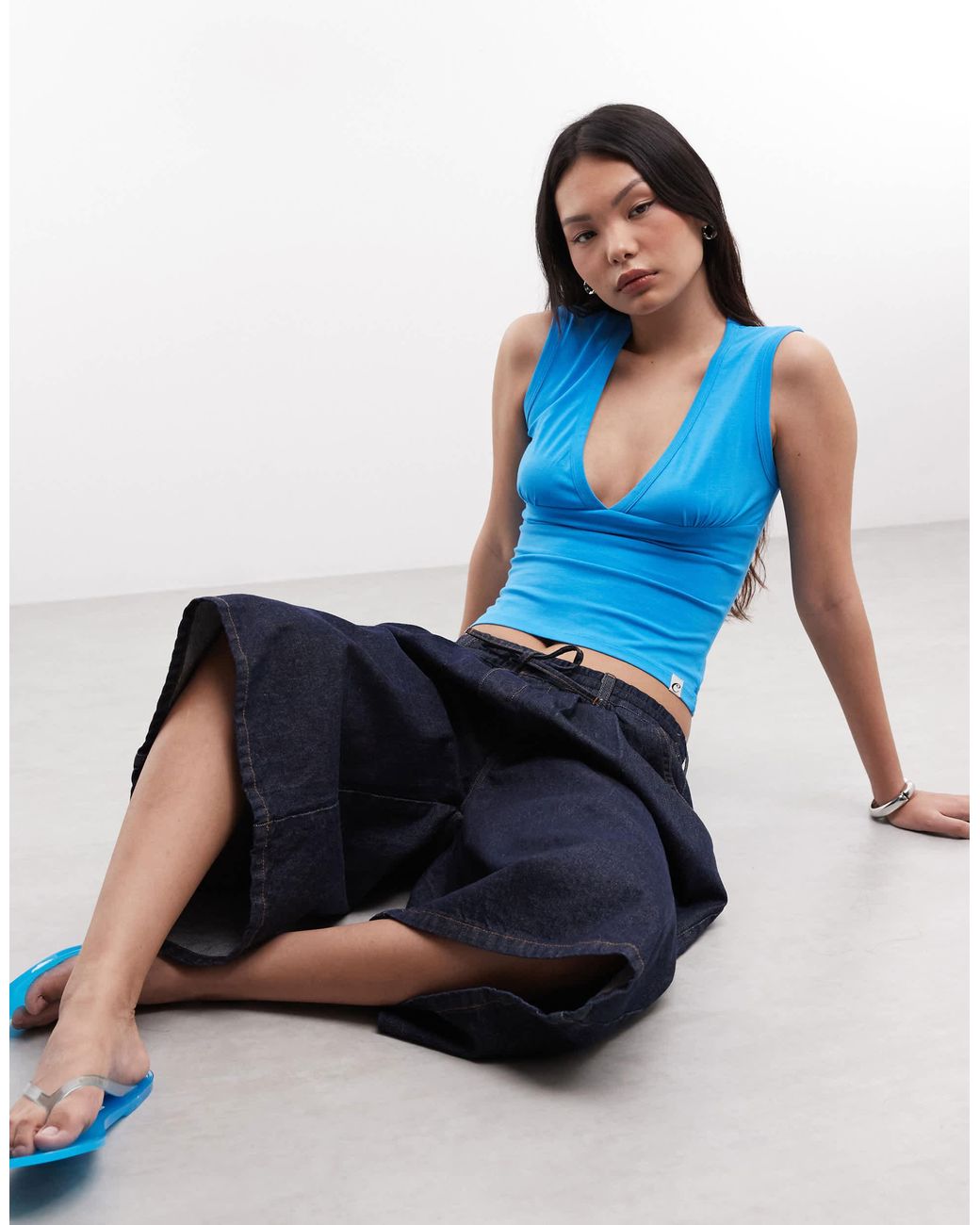 Collusion Blue Deep V-neck Singlet