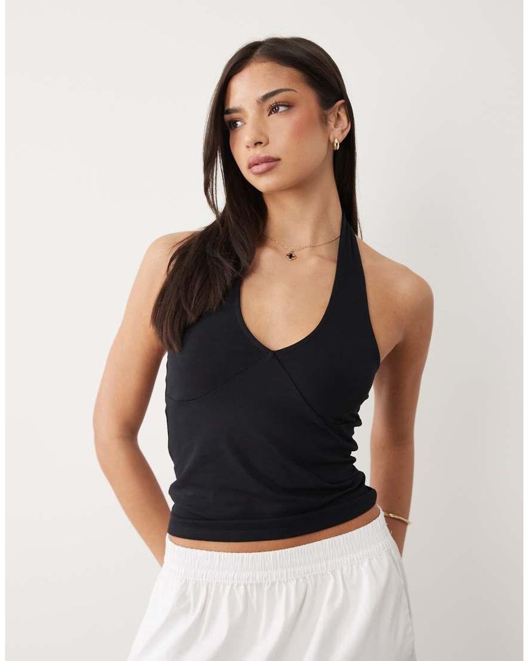 ASOS Black Cotton Plunge Halter Top