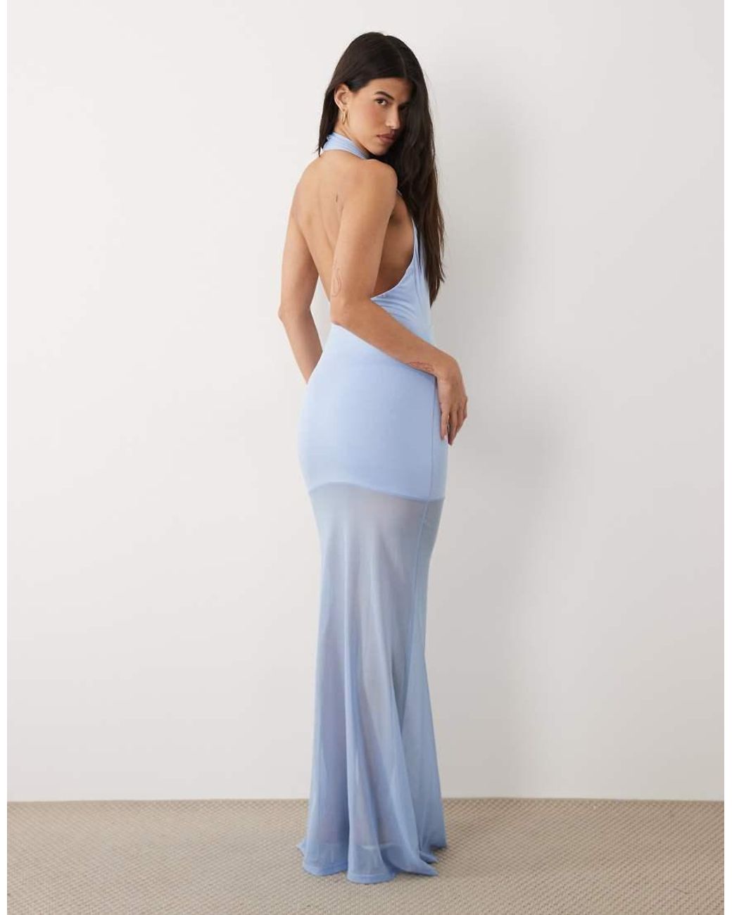 Aria Cove Blue Slinky Plunge Halterneck Sheer Hem Maxi Dress