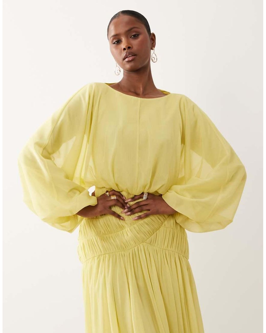 ASOS Yellow Long Sleeve Blouson Maxi Dress With Gauged Ruched Waist Detail
