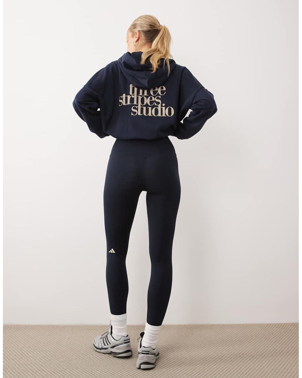 Adidas Originals Blue Three Stripes Studios Crossover Waistband Leggings