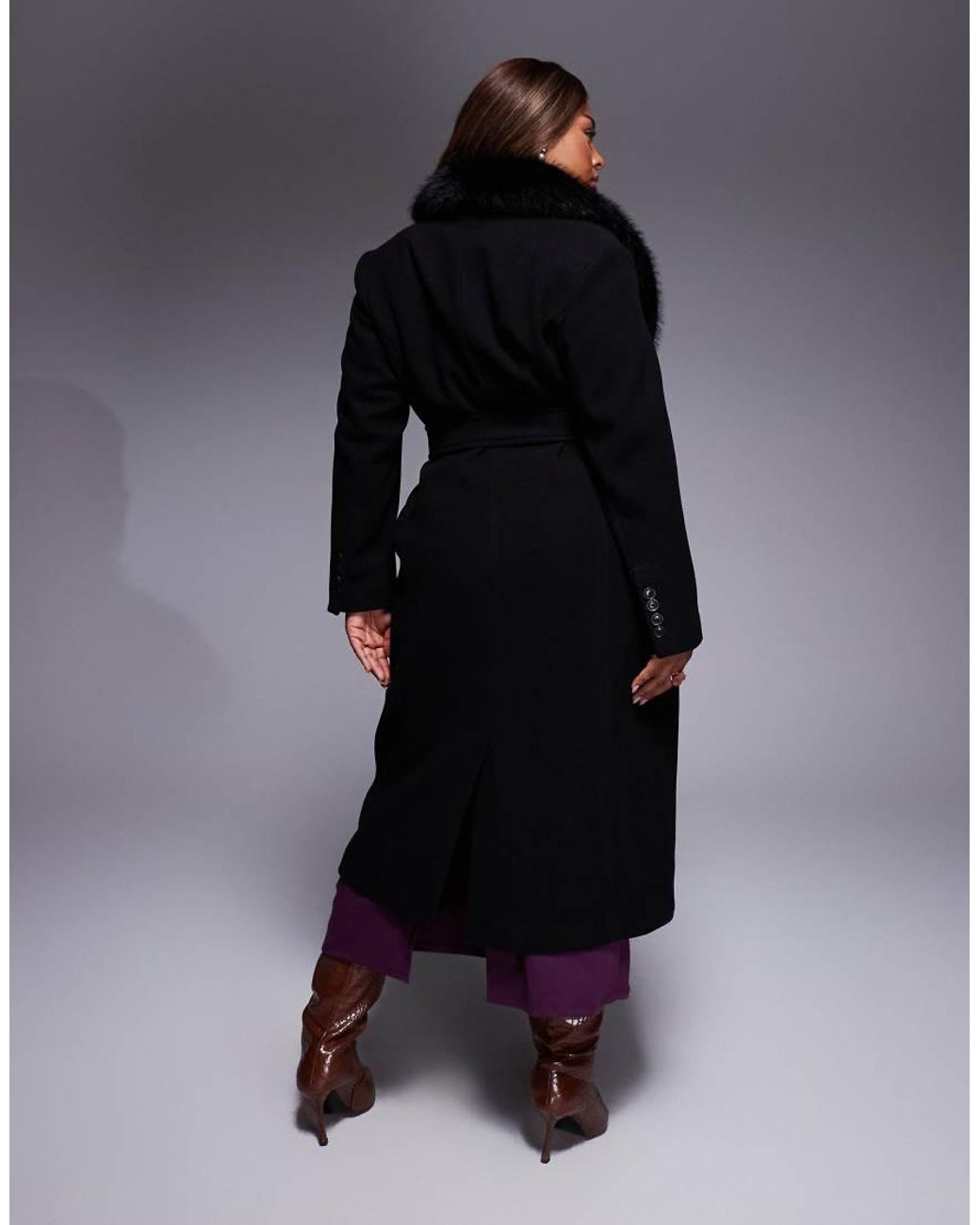 Forever New Purple Formal Belted Longline Detachable Faux Fur Shawl Collar Coat