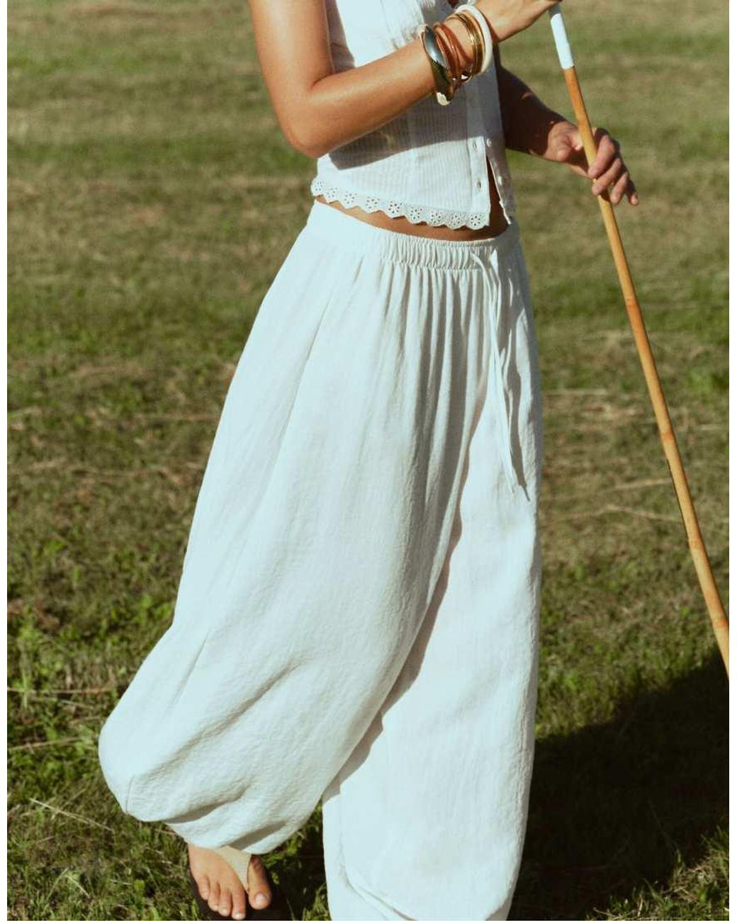 Stradivarius White Flowy Sarouel Trousers