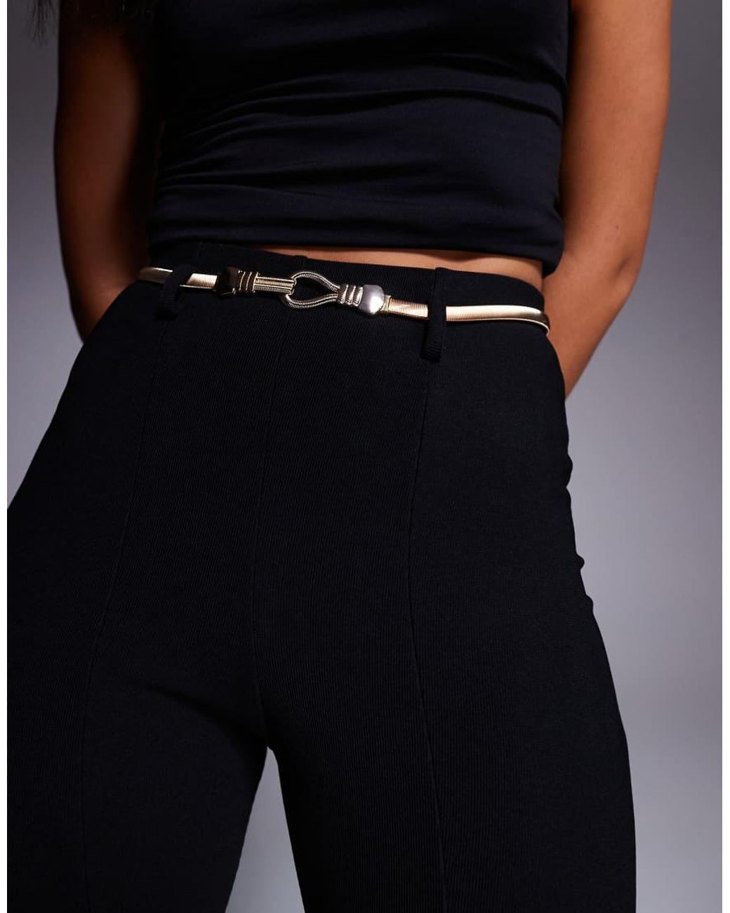 River Island Black Ribbed Flare Trousers With Belt