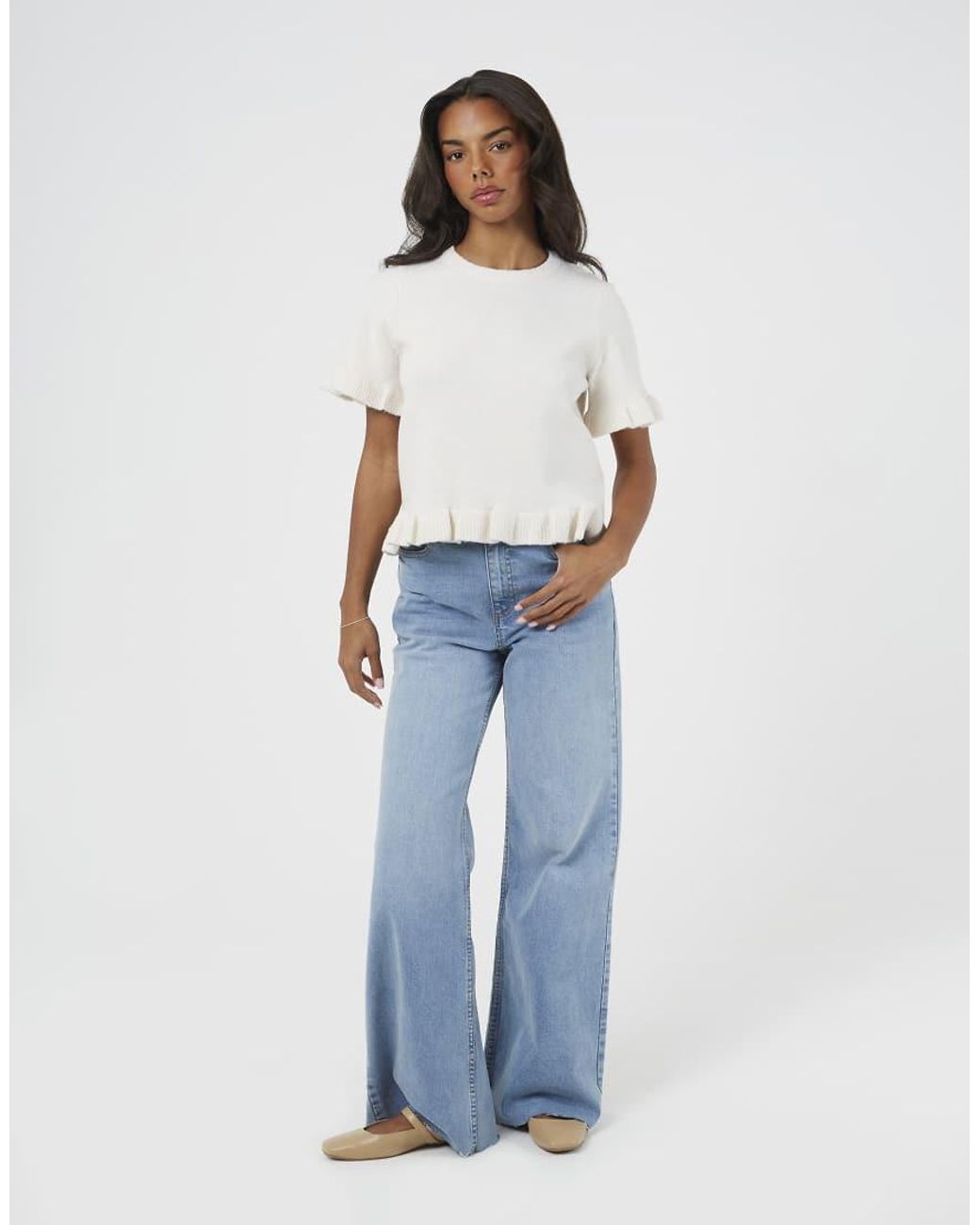 Brave Soul White Short Sleeve Knitted T-Shirt With Frill Detail