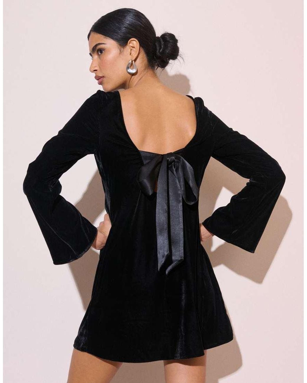 Nobody's Child Black Joelle Velvet Open Back Bow Detail Flare Sleeve Mini Dress