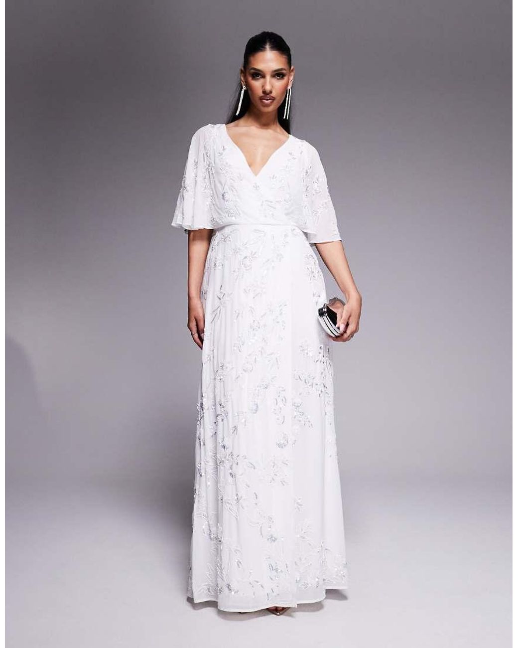 Maya Gray Bridal Floral Embellished Cape Sleeve Faux Wrap Maxi Dress