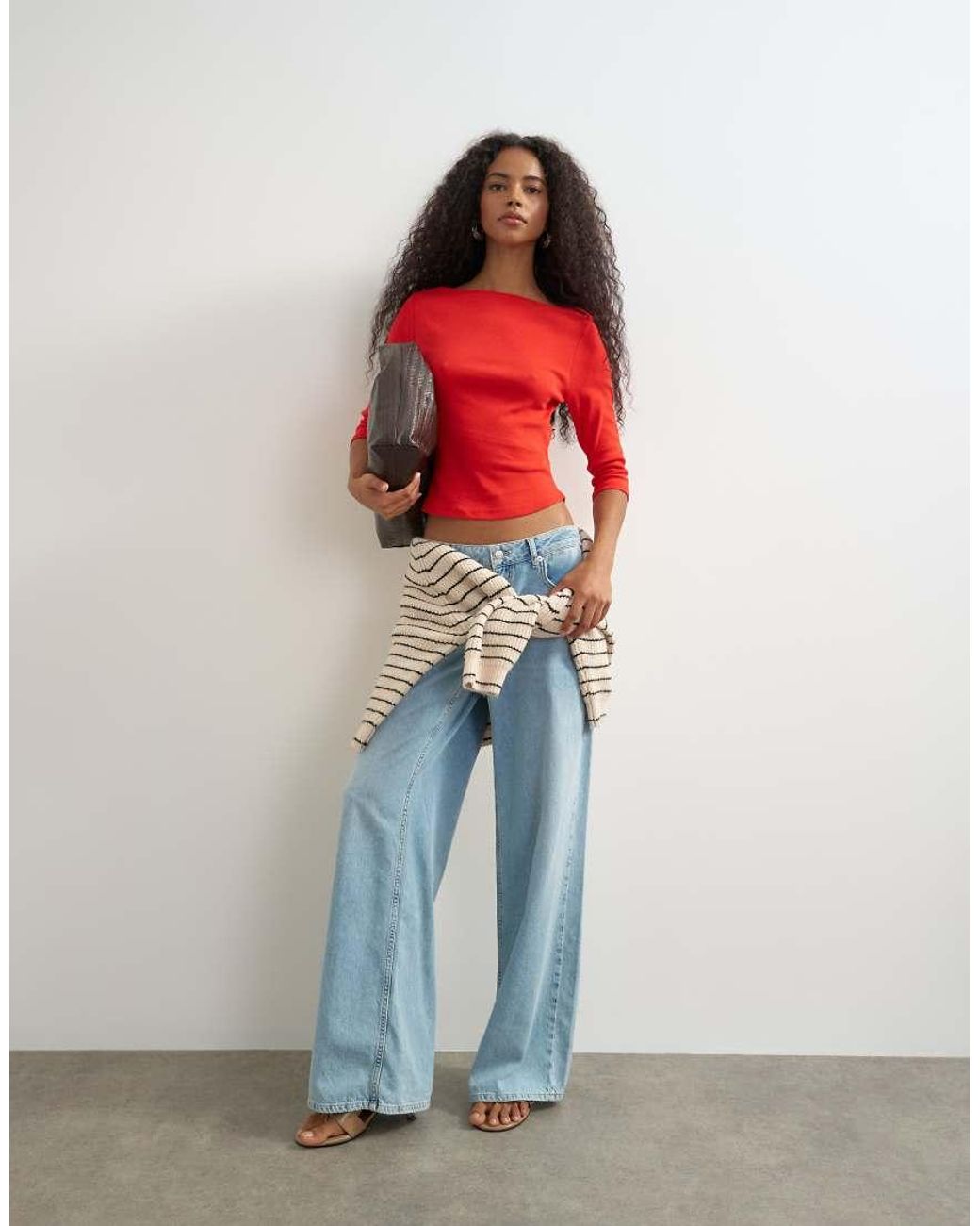 TOPSHOP Red Slash Neck Curve Hem Top