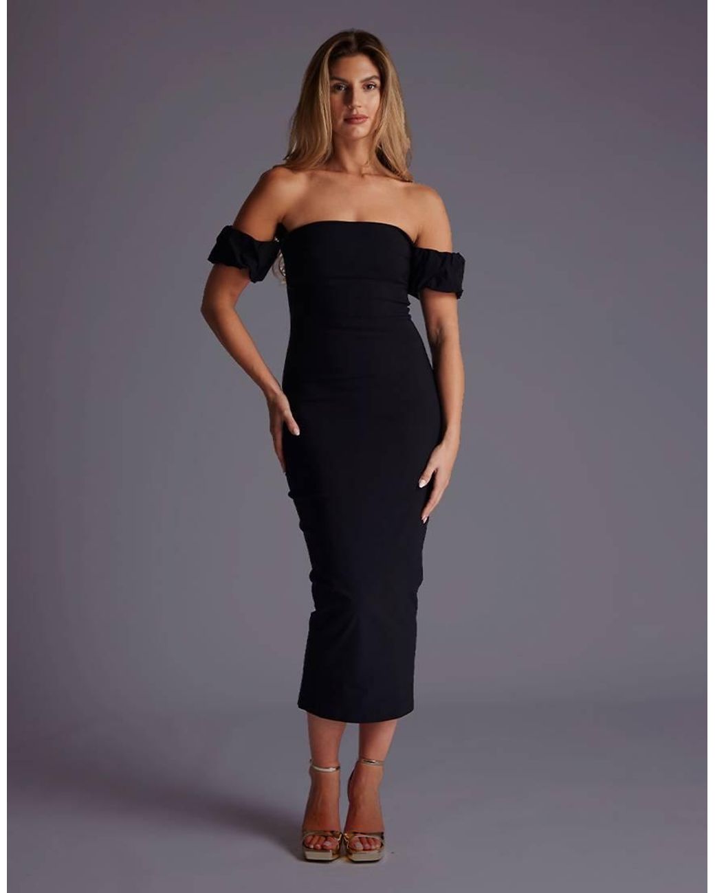 Vesper Blue Bardot Midaxi Dress With Puff Sleeves