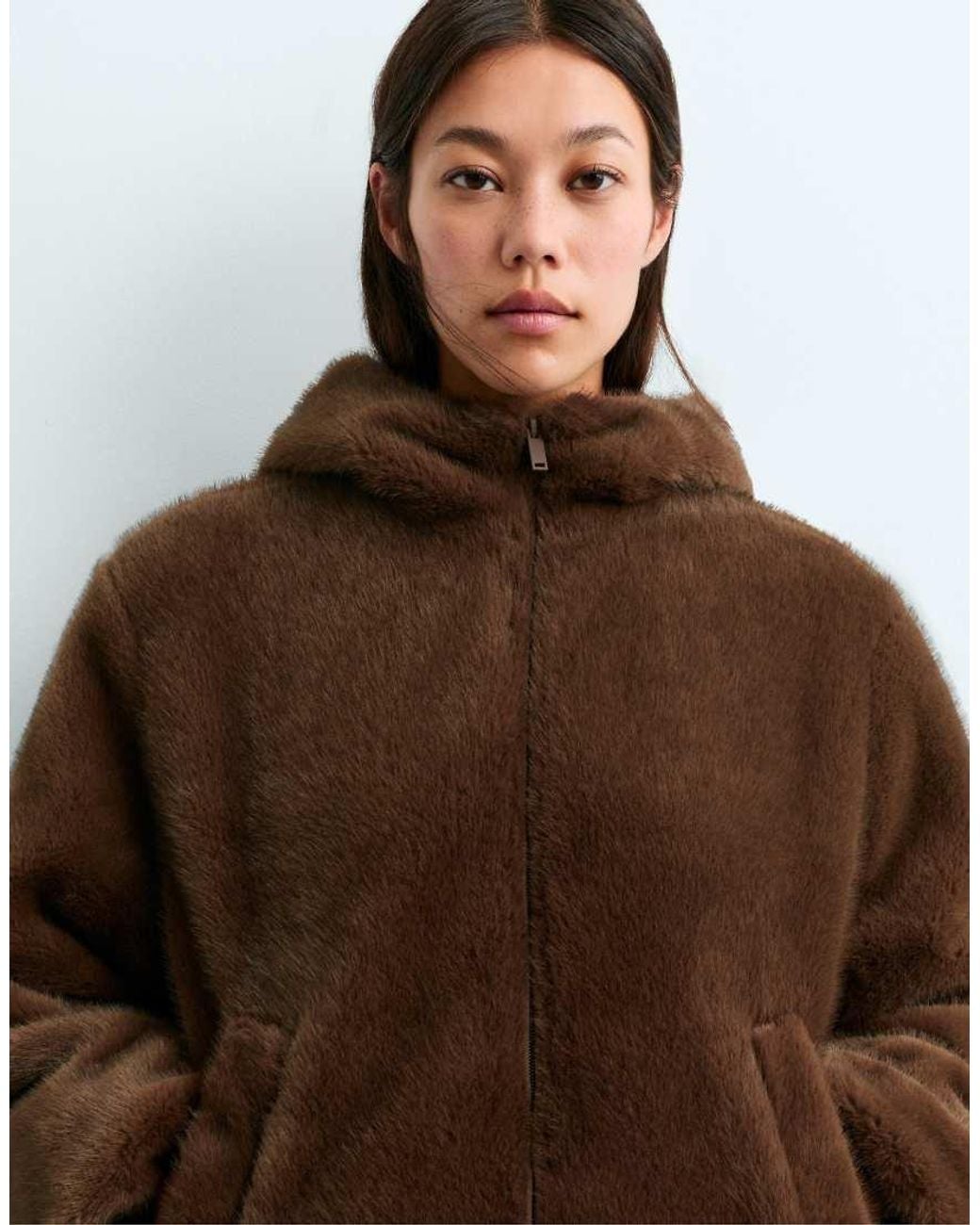 Oysho Brown Fellex Aerogel Padded Jacket, Balloon Faux-Fur Effect
