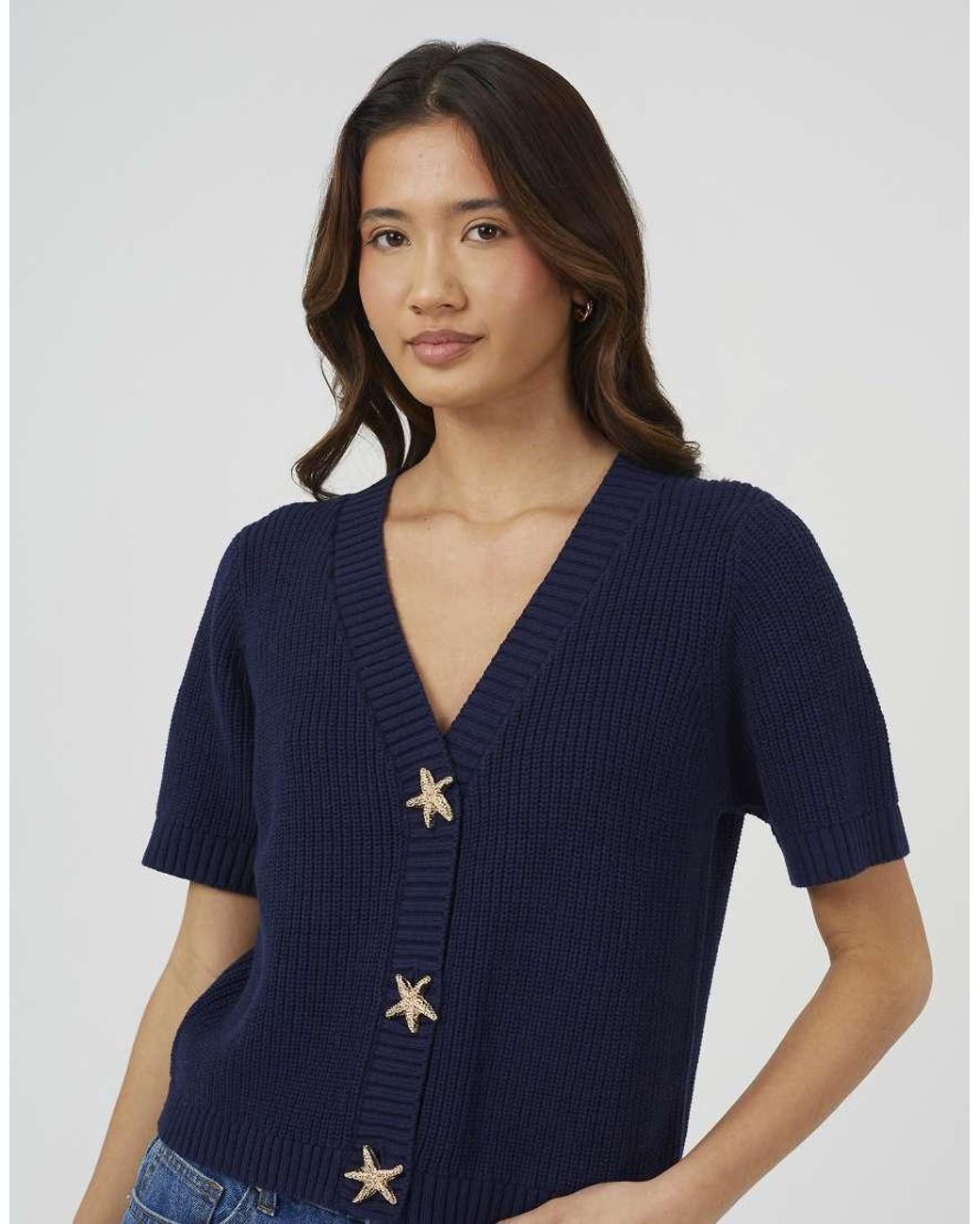 Brave Soul Blue Short Sleeve Knitted Cardigan With Starfish Buttons